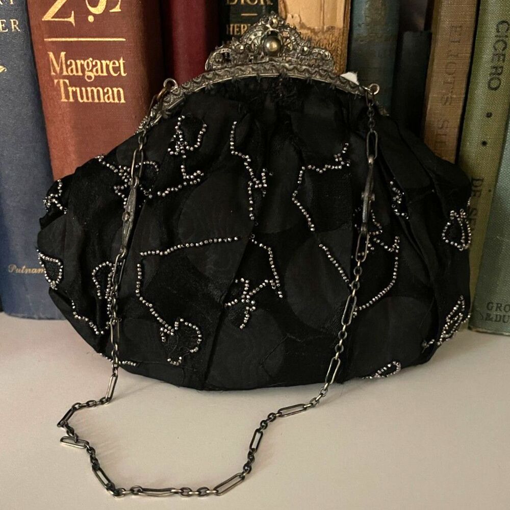 Trinity Plate Beaded Black Clutch Purse Metal Frame Handbag Vintage Antique